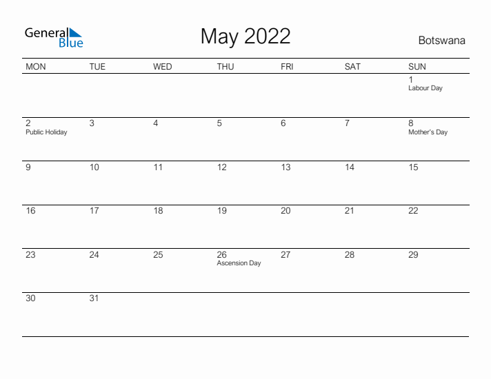 Printable May 2022 Calendar for Botswana