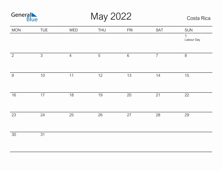 Printable May 2022 Calendar for Costa Rica