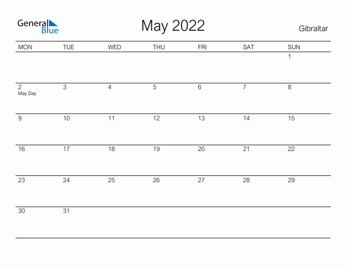 Printable May 2022 Calendar for Gibraltar