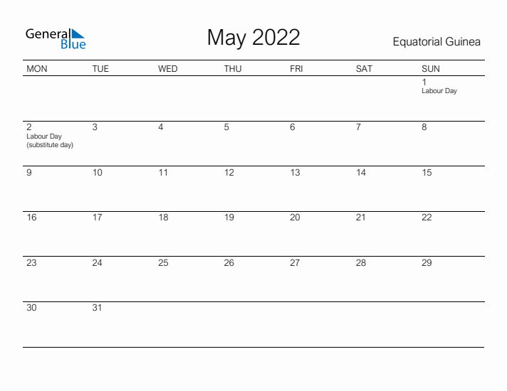 Printable May 2022 Calendar for Equatorial Guinea