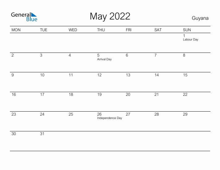 Printable May 2022 Calendar for Guyana