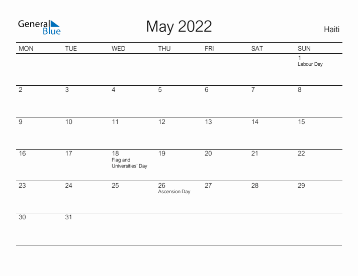 Printable May 2022 Calendar for Haiti