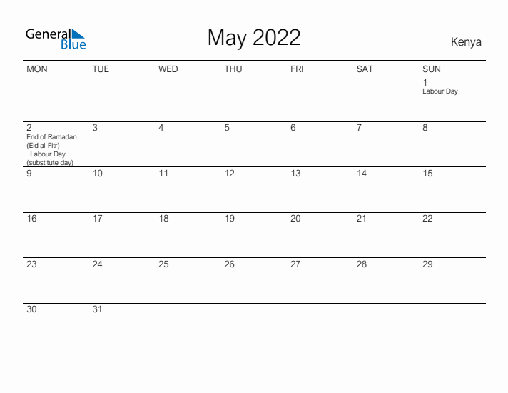 Printable May 2022 Calendar for Kenya