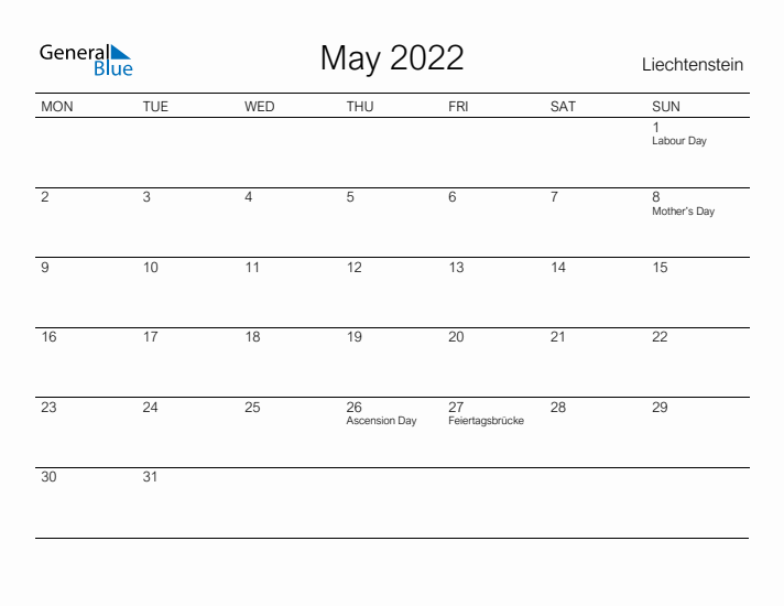 Printable May 2022 Calendar for Liechtenstein