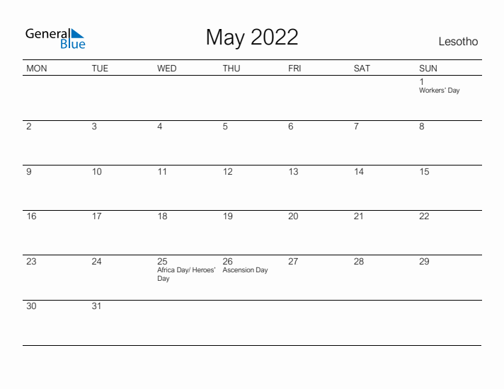 Printable May 2022 Calendar for Lesotho