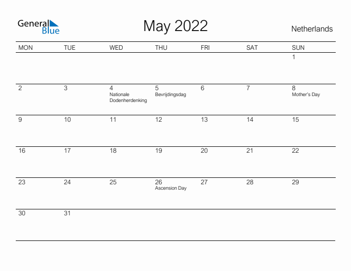 Printable May 2022 Calendar for The Netherlands