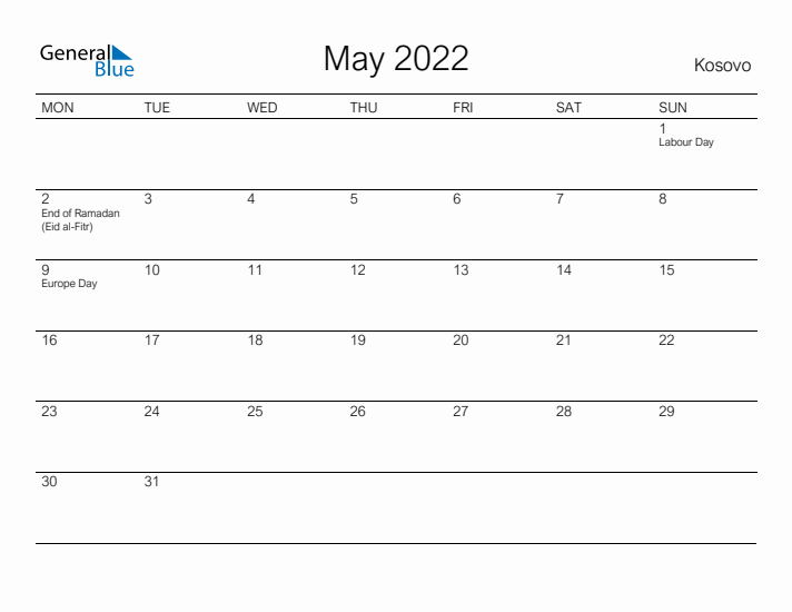 Printable May 2022 Calendar for Kosovo