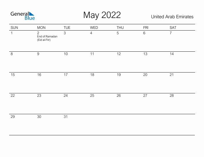 Printable May 2022 Calendar for United Arab Emirates