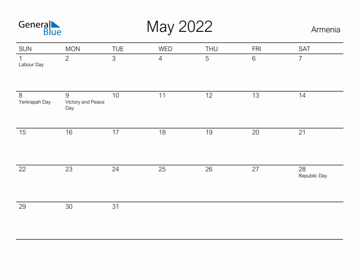 Printable May 2022 Calendar for Armenia