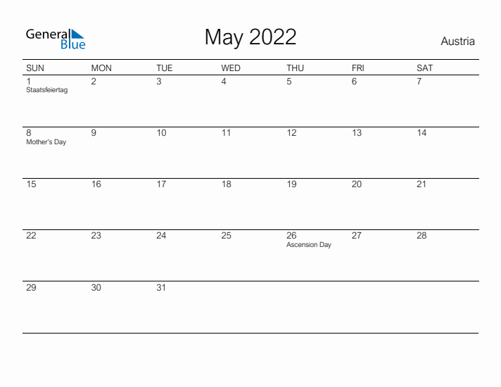 Printable May 2022 Calendar for Austria