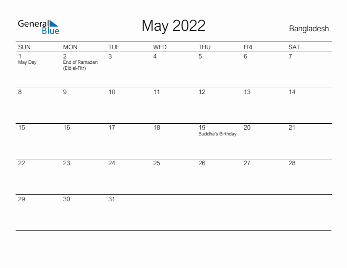 Printable May 2022 Calendar for Bangladesh