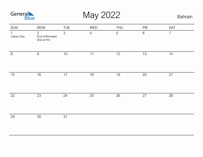 Printable May 2022 Calendar for Bahrain