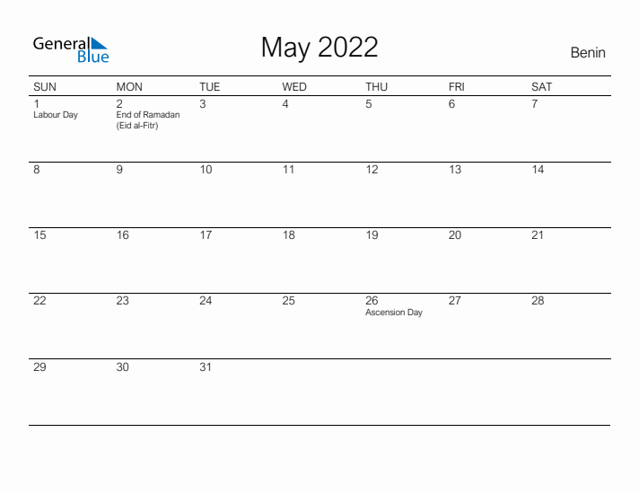 Printable May 2022 Calendar for Benin