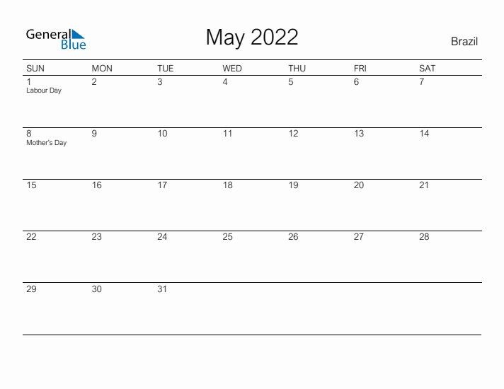 Printable May 2022 Calendar for Brazil