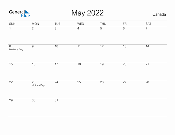 Printable May 2022 Calendar for Canada