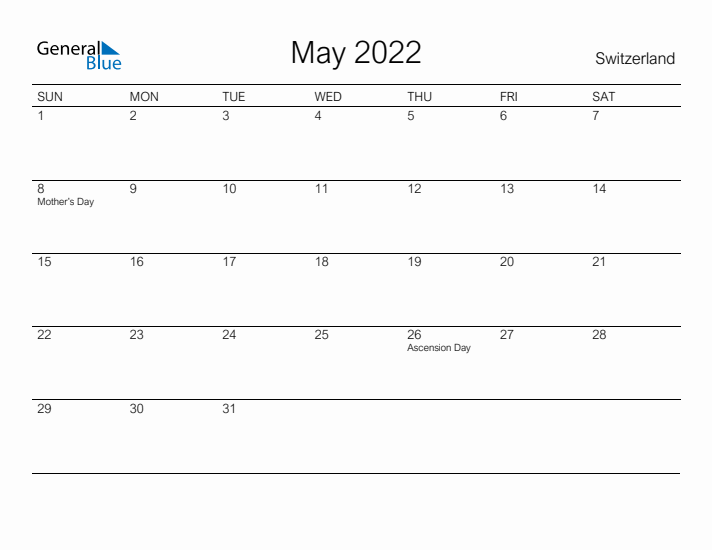 Printable May 2022 Calendar for Switzerland