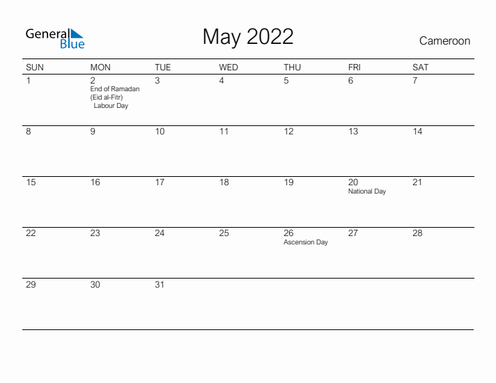 Printable May 2022 Calendar for Cameroon