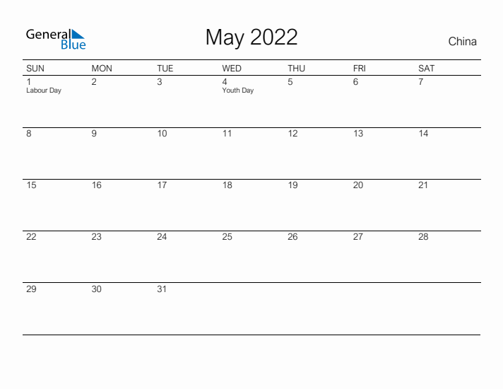 Printable May 2022 Calendar for China