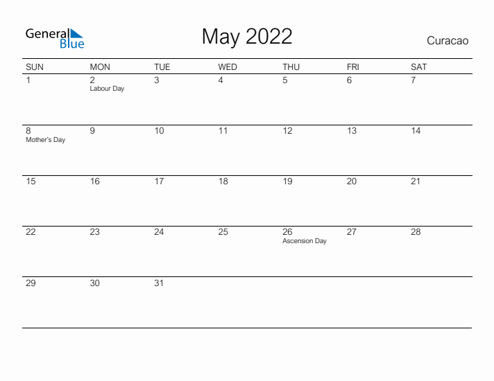 Printable May 2022 Calendar for Curacao