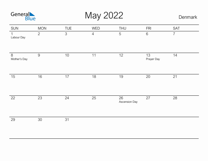 Printable May 2022 Calendar for Denmark