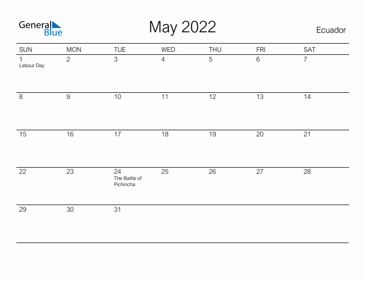 Printable May 2022 Calendar for Ecuador