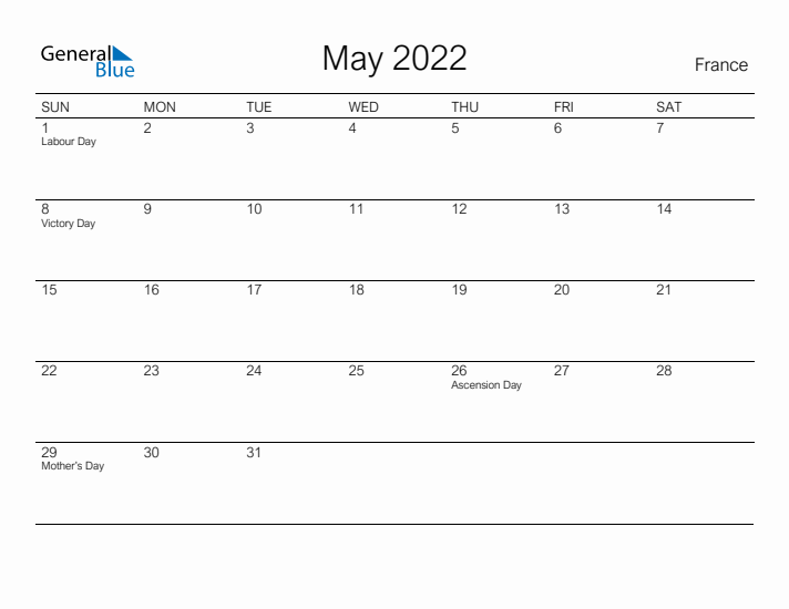 Printable May 2022 Calendar for France