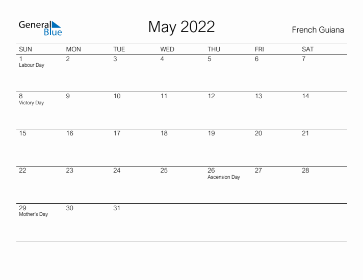 Printable May 2022 Calendar for French Guiana