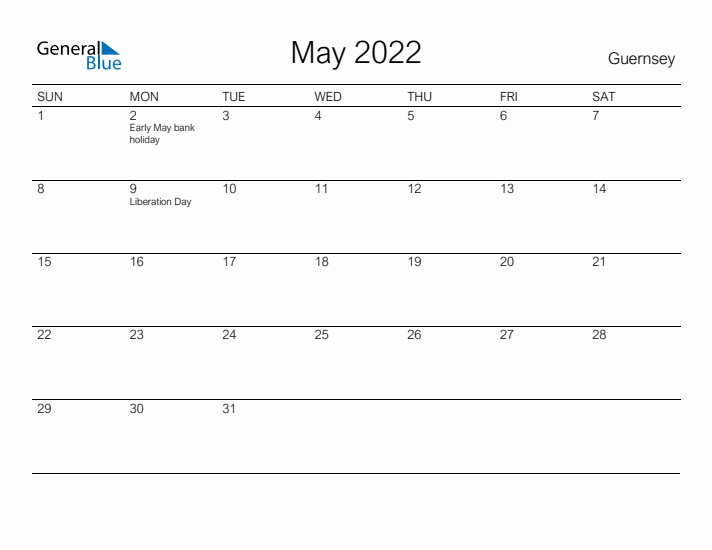 Printable May 2022 Calendar for Guernsey