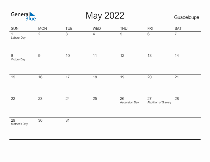 Printable May 2022 Calendar for Guadeloupe