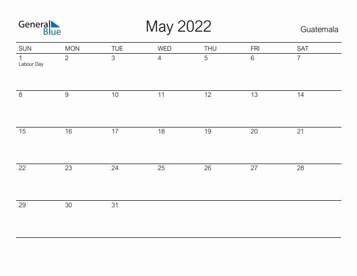 Printable May 2022 Calendar for Guatemala