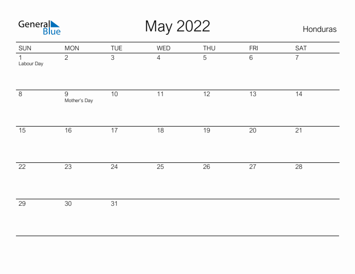 Printable May 2022 Calendar for Honduras