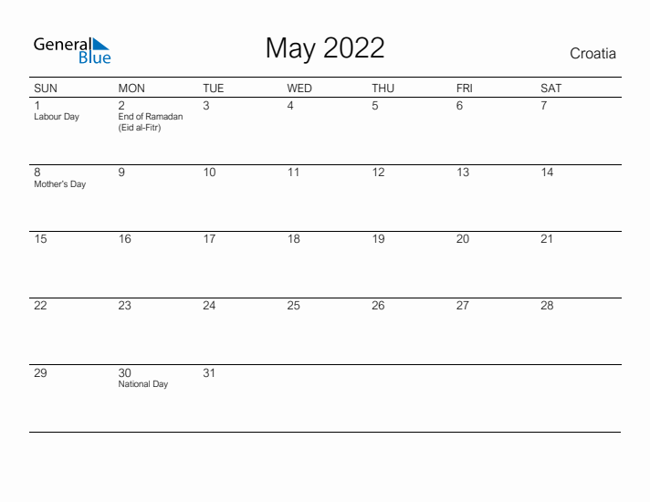 Printable May 2022 Calendar for Croatia