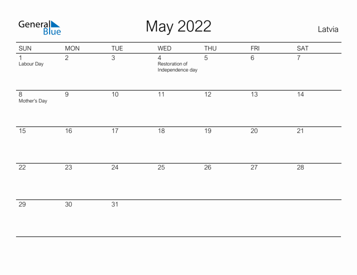 Printable May 2022 Calendar for Latvia