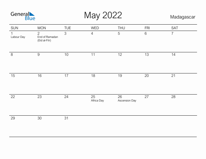 Printable May 2022 Calendar for Madagascar