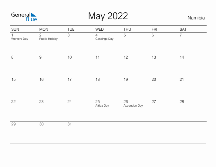 Printable May 2022 Calendar for Namibia