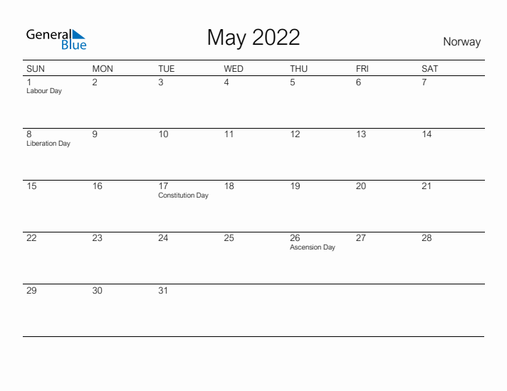 Printable May 2022 Calendar for Norway