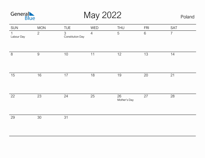 Printable May 2022 Calendar for Poland