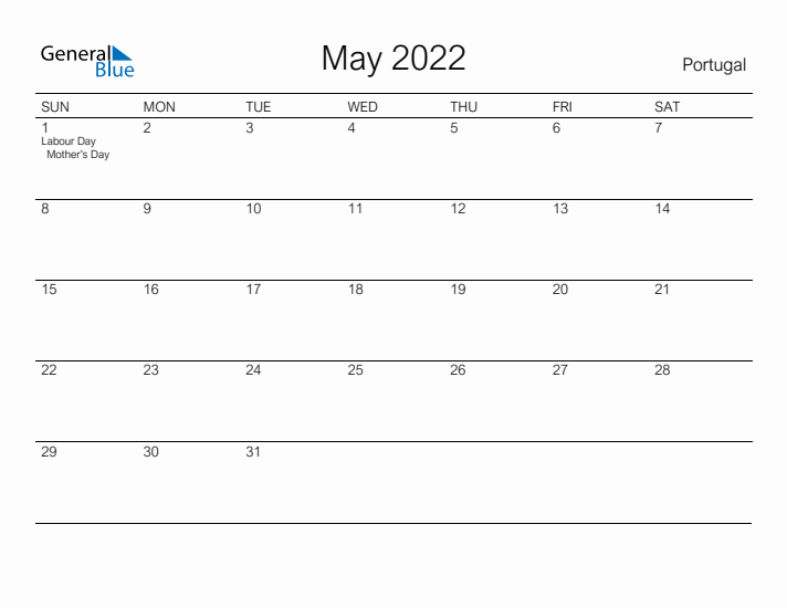 Printable May 2022 Calendar for Portugal