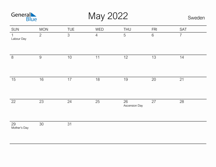 Printable May 2022 Calendar for Sweden