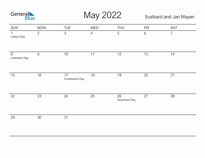 Printable May 2022 Calendar for Svalbard and Jan Mayen