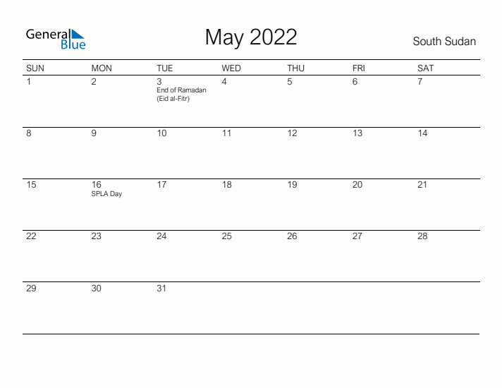 Printable May 2022 Calendar for South Sudan