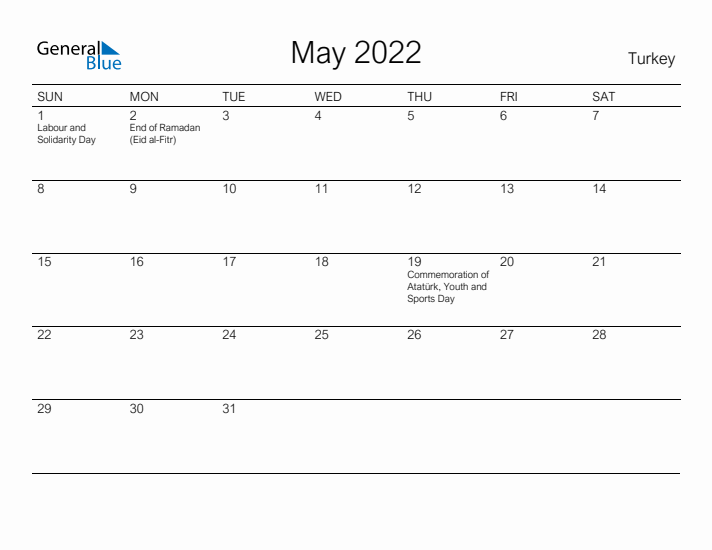 Printable May 2022 Calendar for Turkey