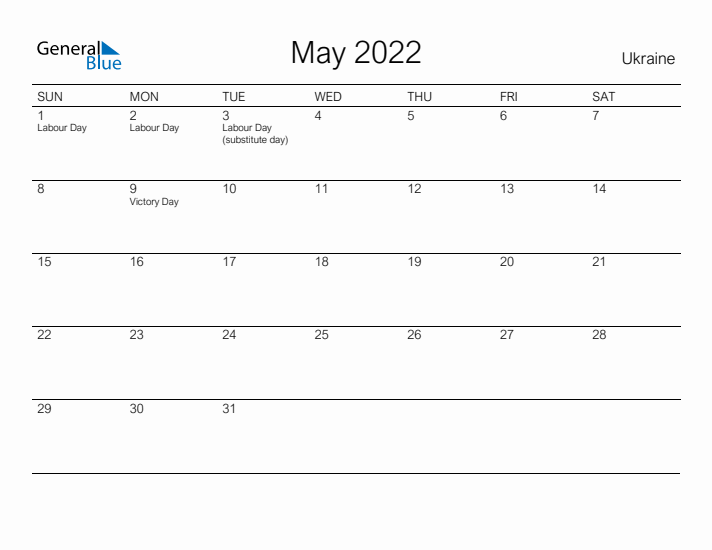 Printable May 2022 Calendar for Ukraine