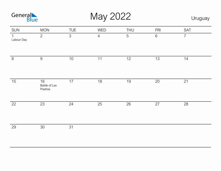 Printable May 2022 Calendar for Uruguay