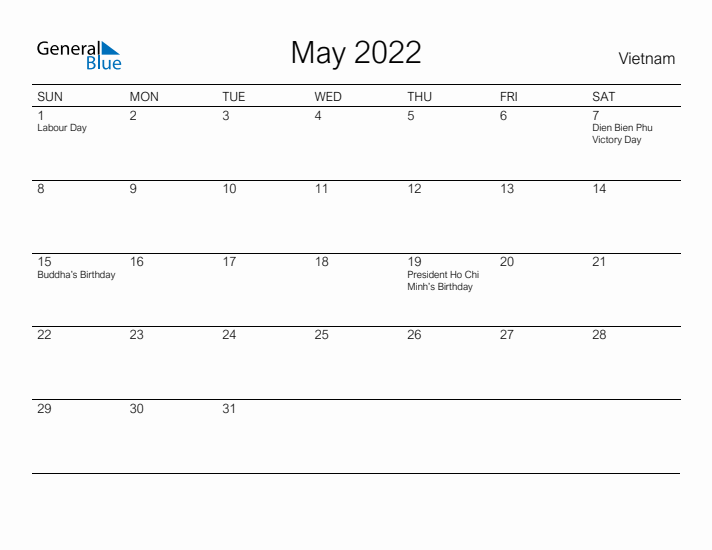 Printable May 2022 Calendar for Vietnam