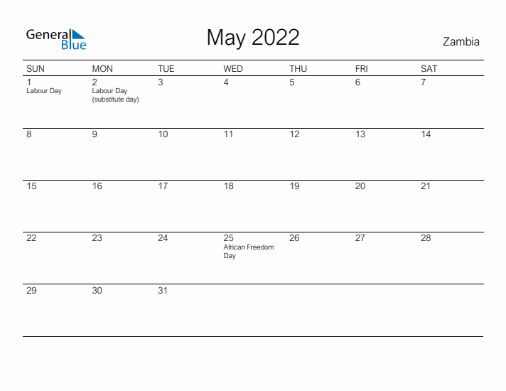 Printable May 2022 Calendar for Zambia