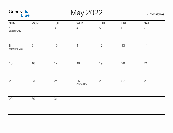 Printable May 2022 Calendar for Zimbabwe