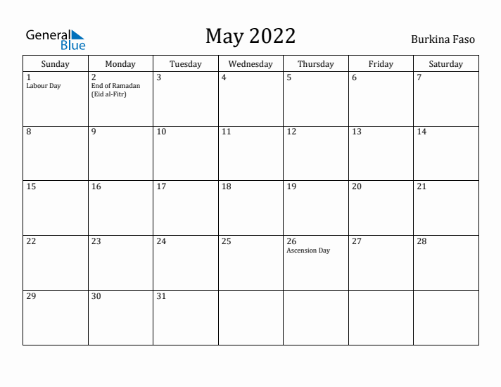 May 2022 Calendar Burkina Faso