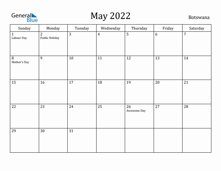 May 2022 Calendar Botswana