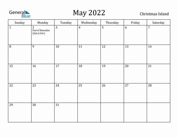 May 2022 Calendar Christmas Island